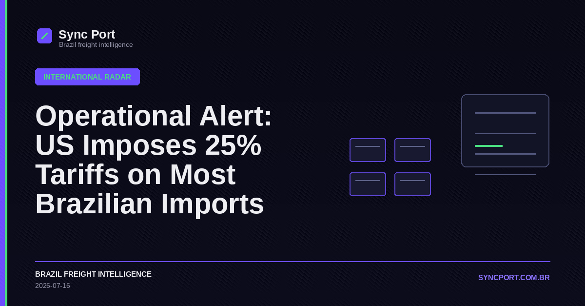 Sync Port hybrid editorial graphic for Operational Alert: US Imposes 25% Tariffs on Most Brazilian Imports