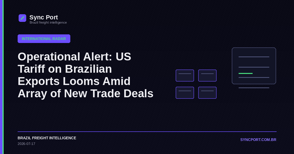 Sync Port hybrid editorial graphic for Operational Alert: US Tariff on Brazilian Exports Looms Amid Array of New Trade Deals