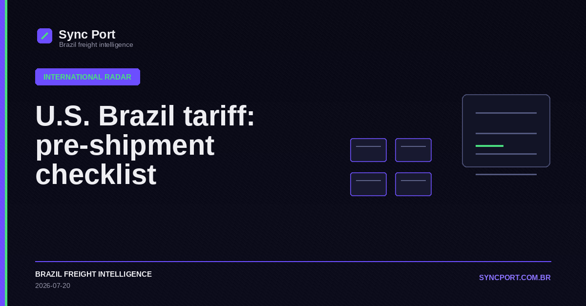Sync Port hybrid editorial graphic for U.S. Brazil tariff: pre-shipment checklist