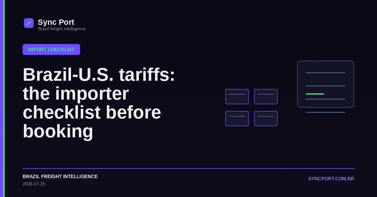 Sync Port hybrid editorial graphic for Brazil-U.S. tariffs: the importer checklist before booking