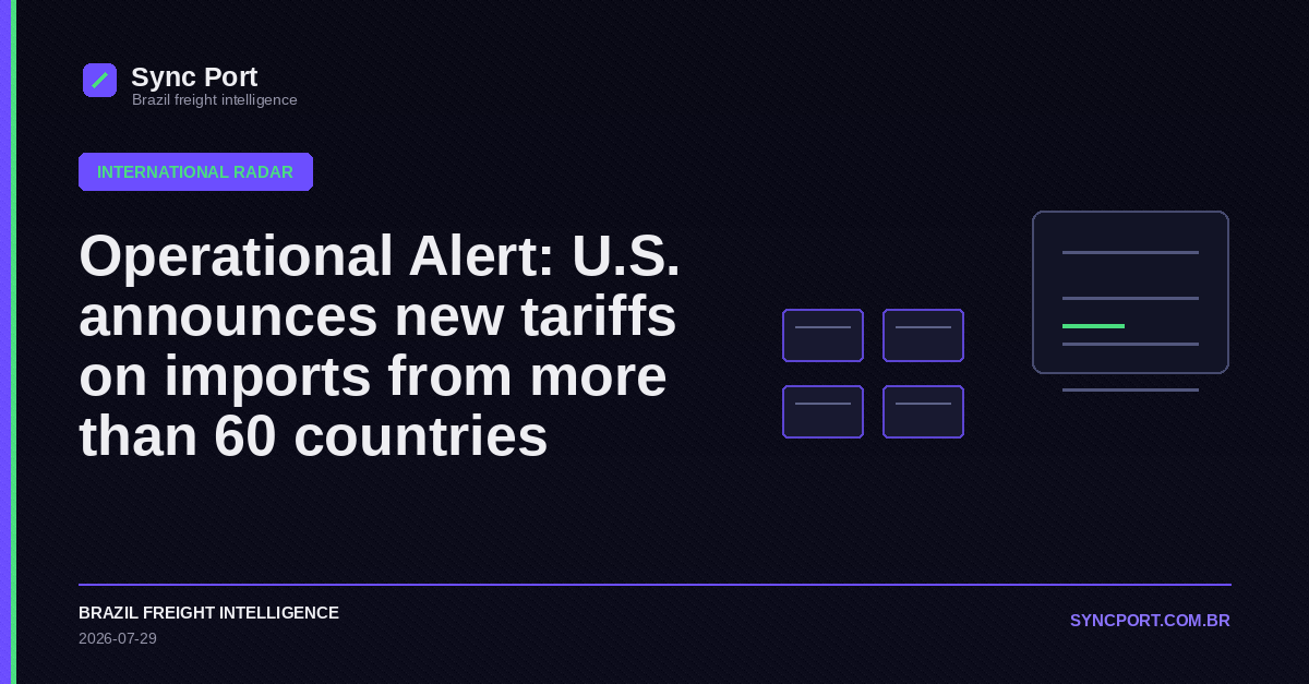 Sync Port hybrid editorial graphic for Operational Alert: U.S. announces new tariffs on imports from more than 60 countries