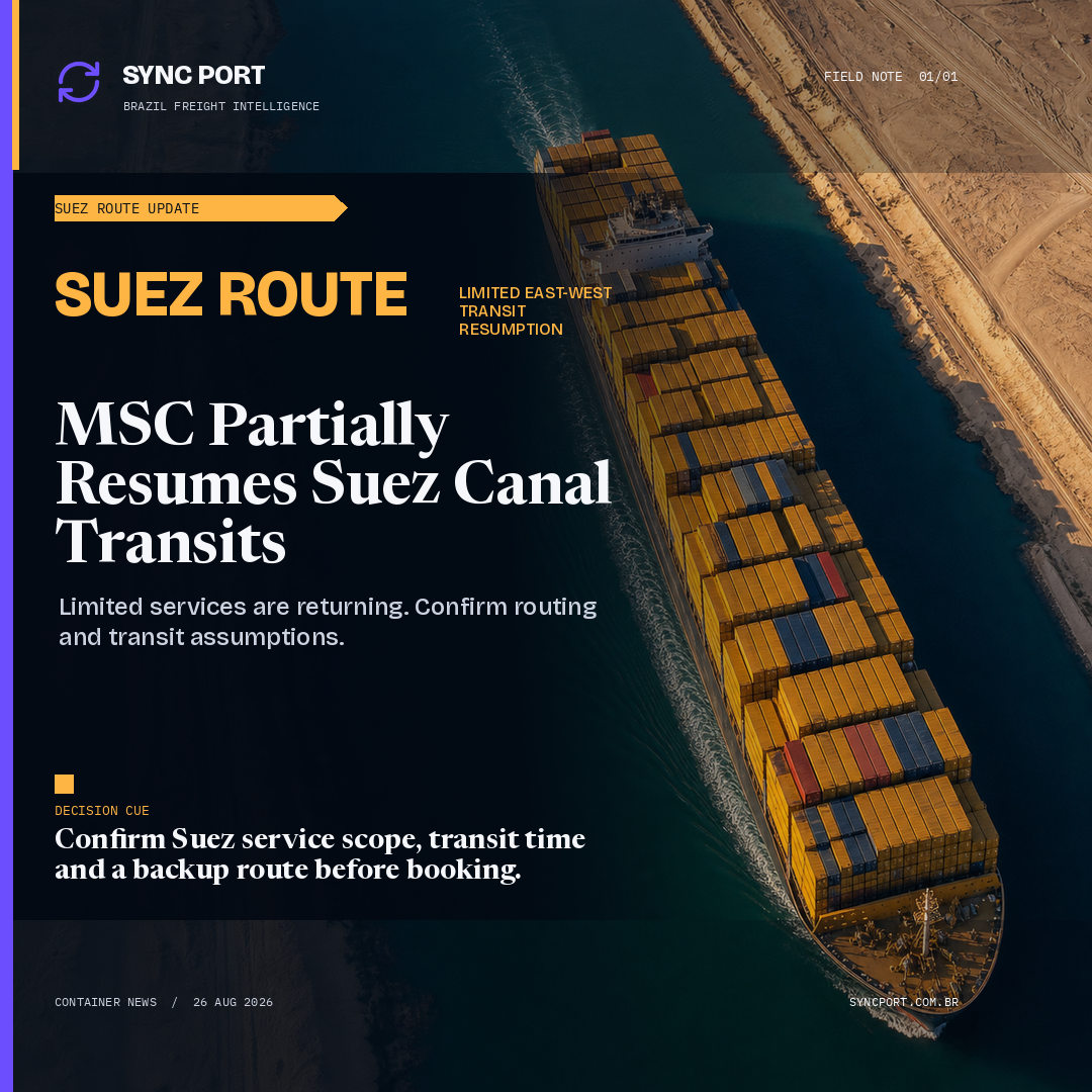 Sync Port hybrid editorial graphic for Operational Alert: MSC partially resumes traffic through Suez Canal